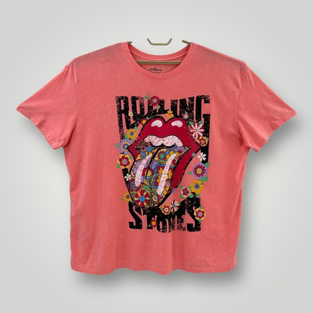Rolling Stones Shirt Womans 3XL Coral Graphic Floral Tongue Vtg Style Band Tee